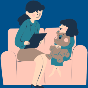 The cartoon image portrays two people sitting on a salmon pink couch: a smiling white woman with long, dark hair, a teal shirt, and a light brown skirt and a white child with a teal dress who is smiling and holding a teddy bear. 